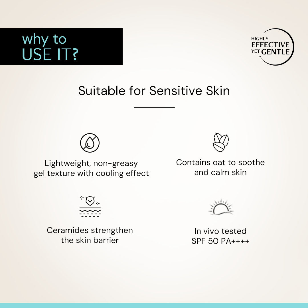 Oats and Ceramide Gel Sunscreen for Sensitive Skin - SPF 50 PA++++ |Soothes and Calms Skin| 100% Photostable Sunscreen with 4 New Gen UV Filters | Long Lasting | Lightweight | In-Vivo Tested
