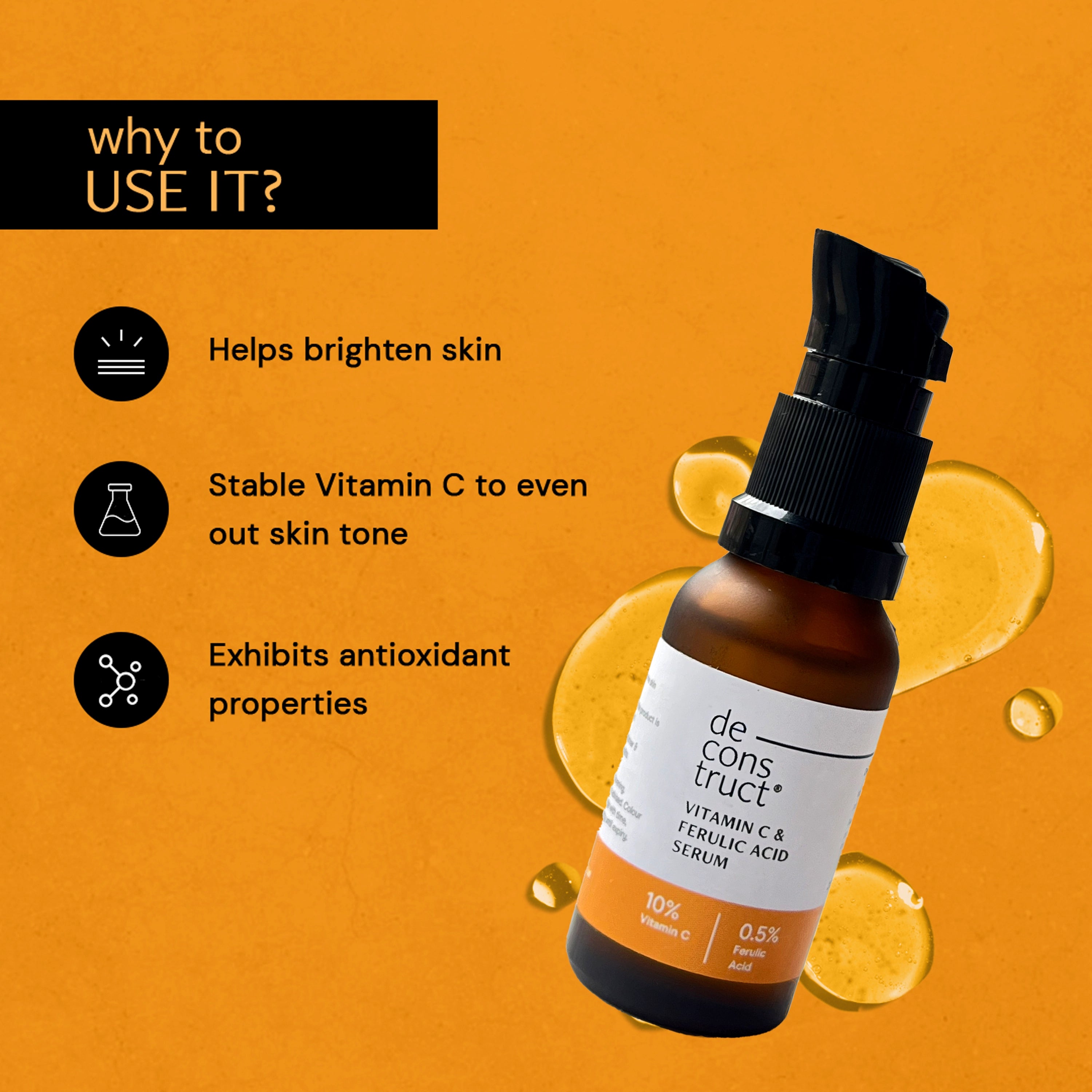 Vitamin C Serum For Face - 10% Vitamin C + 0.5 % Ferulic Acid | Non-Irritating , Non-Sticky | 20 ML