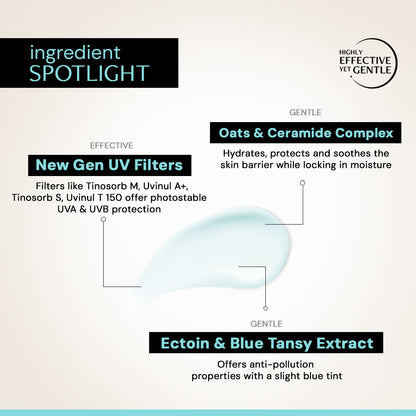 Oats and Ceramide Gel Sunscreen for Sensitive Skin - SPF 50 PA++++ |Soothes and Calms Skin| 100% Photostable Sunscreen with 4 New Gen UV Filters | Long Lasting | Lightweight | In-Vivo Tested