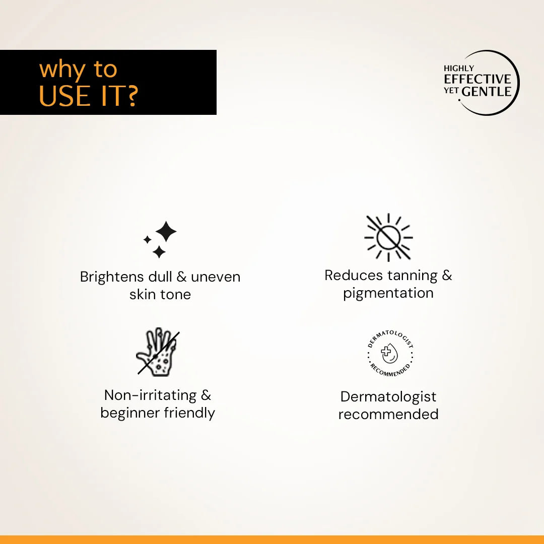 Benefits of vitamin C serum including brightening skin, reducing dullness, and gentle daily use