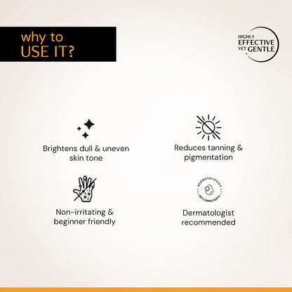 Benefits of vitamin C serum including brightening skin, reducing dullness, and gentle daily use